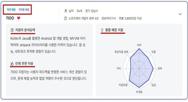 개선된 AI 인재 추천 서비스 화면 / 노동부