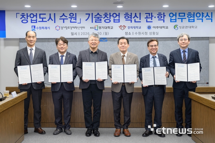 (오른쪽부터)이은열 경희대 학무부총장, 이윤규 경기대학교 총장, 이재준 수원시장, 최기주 아주대 총장, 김원경 경기창조경제혁신센터 대표, 권영욱 성균관대 자연과학캠퍼스 부총장등이 기술창업 혁신 관·학 업무 협약식 후 기념촬영을 하고 있다.