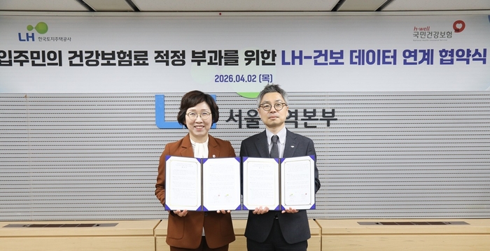 국민건강보험공단 서경숙 자격부과실장(왼쪽)과 한국토지주택공사 여준구 건설임대사업처장이 2일 LH 임대주택 계약자료 연계를 위한 업무협약을 맺었다.