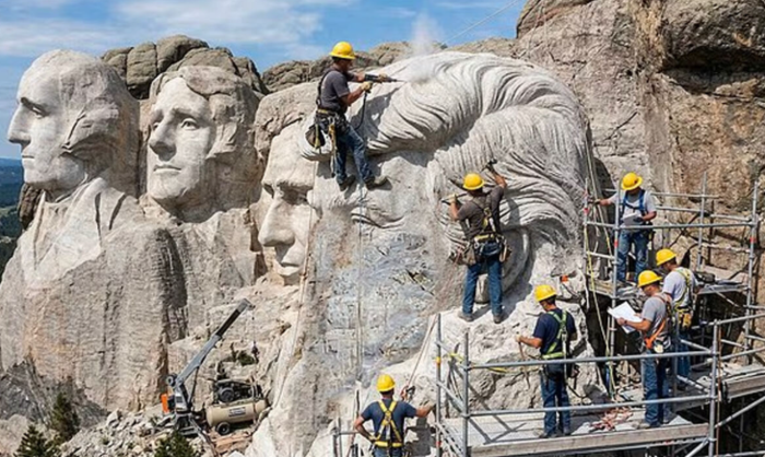 미국을 상징하는 전직 대통령 4인의 얼굴이 새겨진 러시모어산에 도널드 트럼프 대통령의 조각상이 추가된다는 보도가 나왔지만, 이는 만우절을 맞아 꾸며진 풍자성 기사로 나타났다. 사진=데일리메일