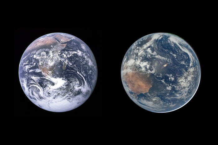 1972년 아폴로17호(왼쪽)에서 관측한 지구 사진과 2026년 아르테미스2호에서 관측한 지구 사진 비교. 사진=미 항공우주국(NASA)
