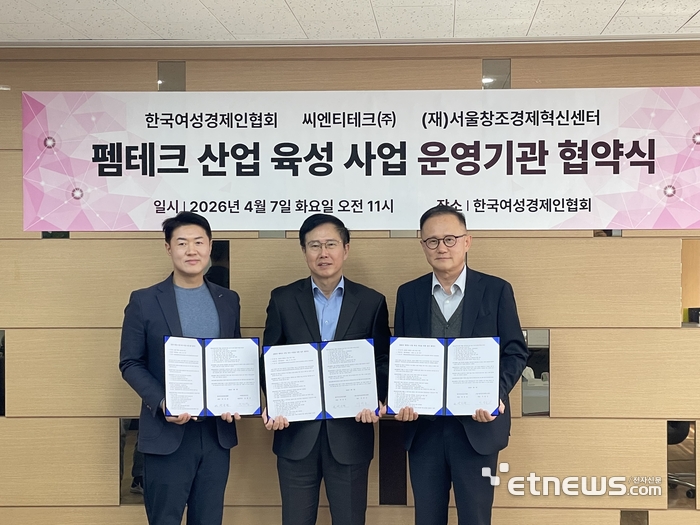 전화성 씨엔티테크 대표, 박치형 한국여성경제인협회 상근부회장, 이영근 서울창조경제혁신센터 대표(왼쪽부터)가 협약서를 펼쳐 보이고 있다.