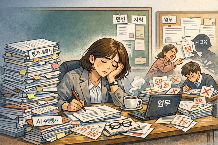 전국중등교사노동조합은 중등교사 2262명을 대상으로 실시한 '중등 평가 정책에 대한 교사 인식 조사' 결과를 7일 발표했다. (사진=챗GPT 생성형 이미지)