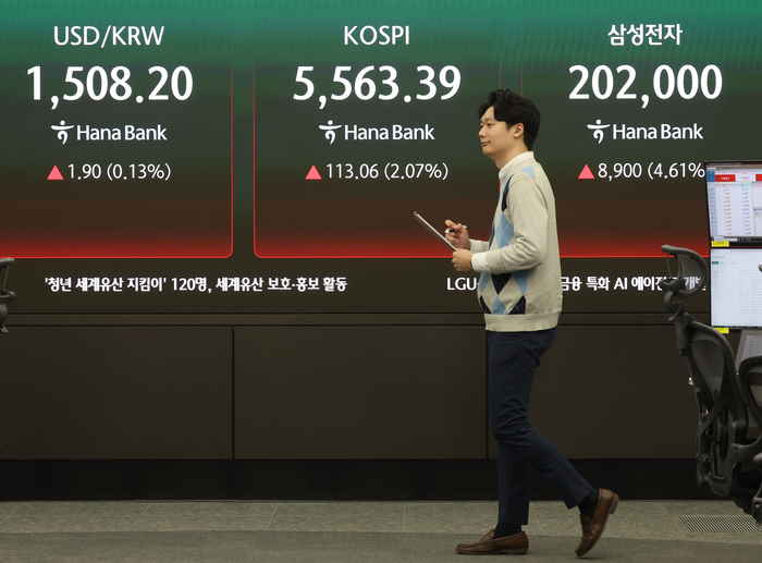 삼성전자가 올해 1분기 매출 133조원과 영업이익 57조2천억원을 기록한 7일 서울 중구 하나은행 딜링룸 현황판에 삼성전자 주가와 코스피가 표시되고 있다. (사진=연합뉴스)