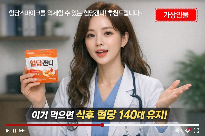 영상 매체에서의 '가상인물' 표시방법. 배경과 구분되는 색상으로, 가상인물과 가까운 위치에 '가상인물'을 표시해야 함. / 공정거래위원회