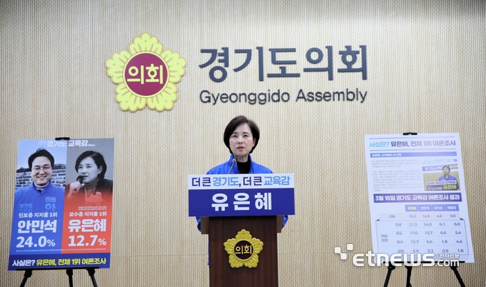 유은혜 경기도교육감 예비후보 9일 오후 경기도의회 브리핑룸에서 기자회견을 열고 있다.