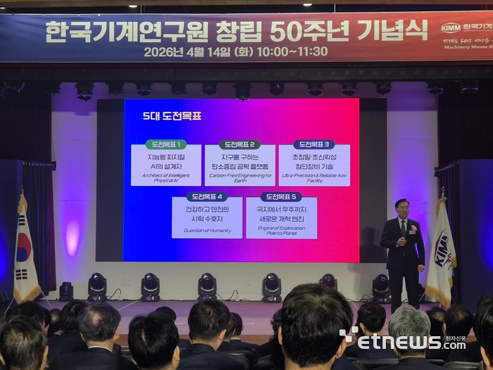류석현 기계연 원장(사진)이 기관 창립 50주년 기념식에서 향후 5대 도전 목표를 발표하고 있다.