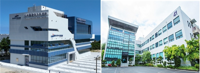 울산정보산업진흥원 선박통합데이터센터(왼쪽)와 울산대 조선해양공학관 전경.