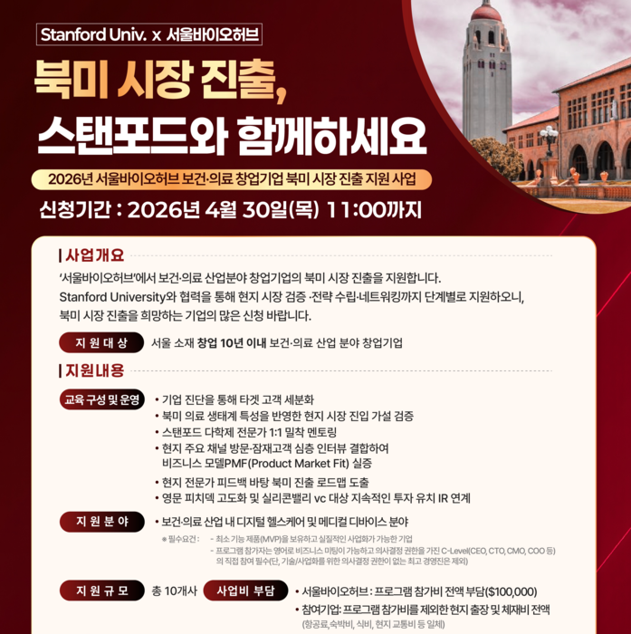 서울바이오허브가 이달 30일까지 '2026년 보건·의료 창업기업 북미 시장 진출 지원 사업' 참여 기업을 모집한다.(사진=서울바이오허브)