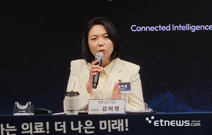 김미영 동탄시티병원 행정원장이 15일 본원에서 씽크 운영 현장을 공개한 후 가진 간담회에서 발언하고 있다. (사진=배옥진)