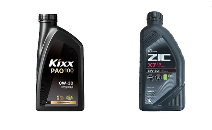 GS칼텍스 킥스 파오 100 0W30(사진좌측), SK엔무브 지크 X7 LS 5W30. 〈자료 다나와〉