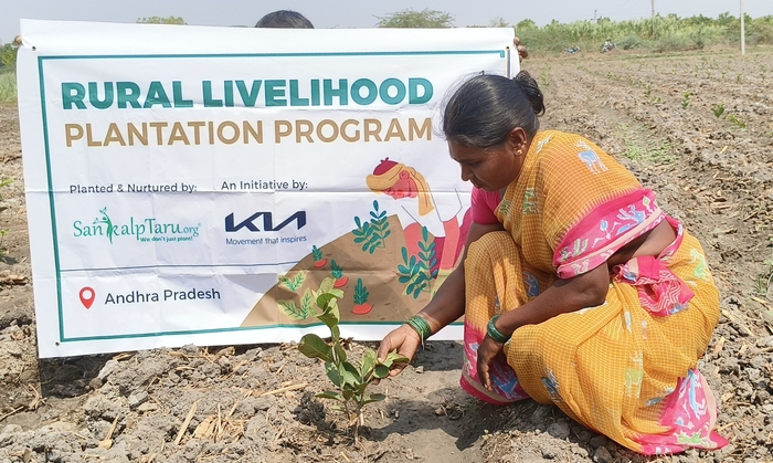 기아가 인도에서 실시한 '우파르 캠페인'에 참가한 인도 여성이 묘목을 식재하고 있다