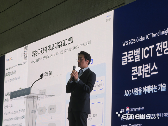 22일 서울 강남구 코엑스에서 열린 국내 최고 정보통신기술(ICT) 축제 '월드IT쇼 2026'  글로벌 ICT 전망 콘퍼런스에서 이태희 삼성 SDS 부사장이 기조연설을 하고 있다.