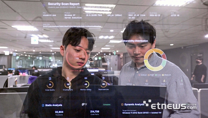 오펜시브 보안 기업 스틸리언이 21일 서울 용산구 본사에서 개발 중인 인공지능(AI) 기반 취약점 분석 솔루션 '디퓨토(Diffuto)'를 활용해 마이크로소프트(MS) 윈도 커널 바이너리 분석을 시연했다. 손주환 스틸리언 연구소장(오른쪽)과 김재민 책임연구원이 분석 리포트를 살펴보고 있다. 박지호기자 jihopress@etnews.com