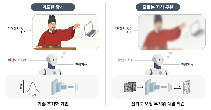 AI 모델이 예열학습을 통해 신뢰도 보정을 한 경우와 그렇지 않은 경우를 나타낸 AI 생성 이미지.
