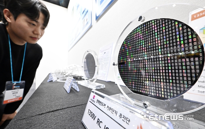 2024 소부장뿌리기술대전 참관객이 트리노의 고전압 전력반도체 웨이퍼를 살펴보고 있다. 이동근기자 foto@etnews.com