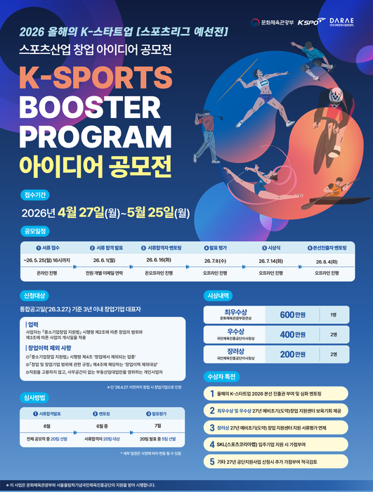 문체부·국민체육진흥공단, '올해의 K-스타트업 2026' 스포츠리그 창업 아이디어 공모전 개최