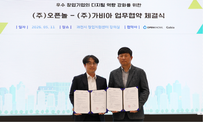 신준수 오픈놀 재무이사(왼쪽)와 백승한 가비아 이사가 과천시 창업지원센터에서 업무협약을 체결하고 있다.