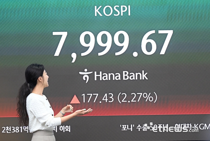 코스피가 연일 사상 최고치를 기록중인 가운데 12일 8000포인트를 눈 앞에 두고 숨을 고르며 장을 시작했다. 장 시작과 함께 7999까지 오른 코스피는 오전 9시 20분 현재 7900 초반대에서 장을 이어가고 있다. 서울 중구 하나은행 딜링룸 전광판에 코스피 지수가 표시되어 있다. 이동근기자 foto@etnews.com