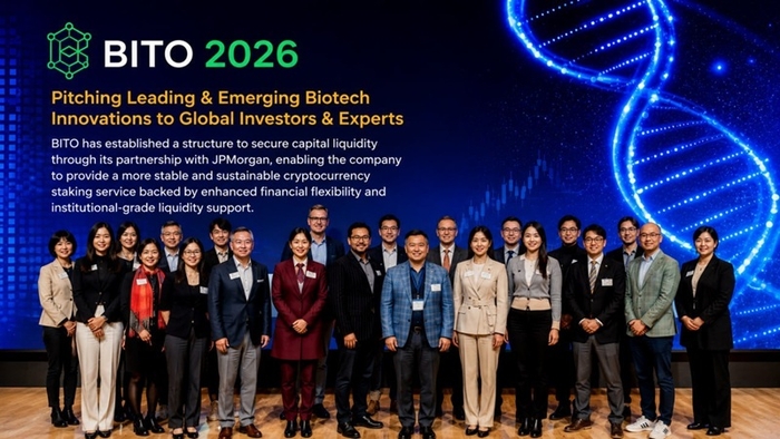 'BITO 2026' 행사에서 BITO 관계자 및 글로벌 투자자들이 기념촬영을 진행하고 있다. 이번 행사에서는 JP모건과의 파트너십을 기반으로 한 자금 유동성 확보 전략과 글로벌 투자 협력 방향이 공유됐다. 사진=BITO