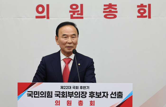 제22대 국회 후반기 당 국회부의장 후보자로 선출된 국민의힘 박덕흠 의원이 13일 국회에서 열린 제22대 국회 후반기 당 국회부의장 후보자 선출 의원총회에서 인사말을 하고 있다. 연합뉴스