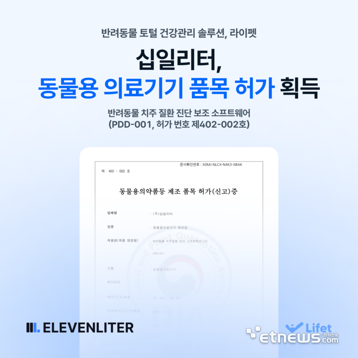 십일리터, 반려동물 치주 질환 AI 진단 보조 SW 동물용 의료기기 품목 허가 획득