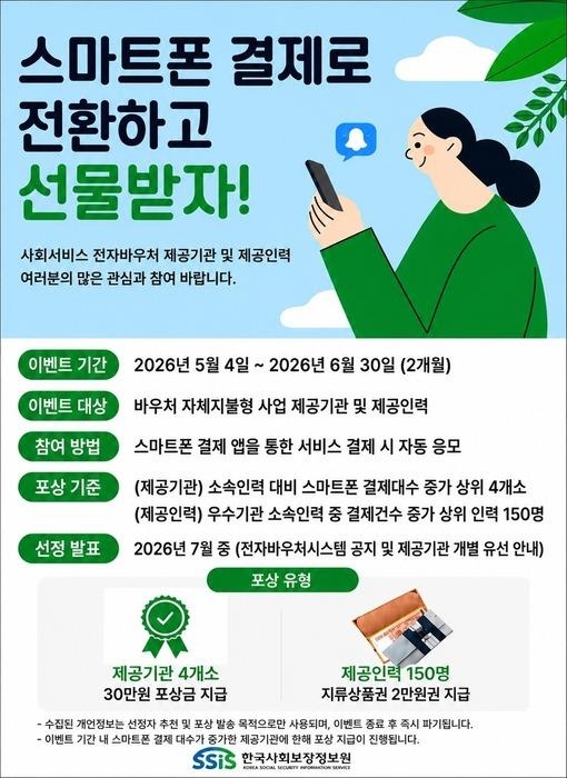 한국사회보장정보원이 다음 달 30일까지 '사회서비스 전자바우처 스마트폰 결제 활성화 이벤트'를 진행한다.(사진=한국사회보장정보원)