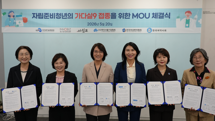 사단법인 지속가능발전연구소 마침표가 20일 하이서울기업협회, 이노비즈협회, 한국여성벤처협회, 한국여성과학기술단체총연합회, 한국여약사회와 '자립준비청년 가다실9 예방접종 지원' 업무협약(MOU)을 20일 체결했다. (왼쪽부터)강선미 한국여성과학기술단체총연합회장, 송미희 이노비즈협회 여성경제위원장, 이영 사단법인 마침표 이사장, 박미경 하이서울기업협회장, 성미숙 한국여성벤처협회 회장, 이숙연 한국여약사회장.(사진=사단법인 마침표)