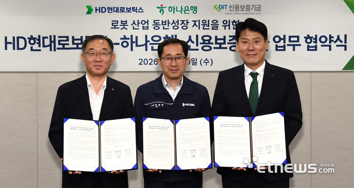 하나은행은 지난 20일 대구광역시 소재 HD현대로보틱스 본사에서 HD현대로보틱스, 신용보증기금과  '차세대 로봇 솔루션 개발 및 해외시장 진출 활성화 업무협약'을 체결했다. 협약식에 참석한 (왼쪽부터) 채병호 신용보증기금 상임이사, 박종찬 HD현대로보틱스 생산·지원부문 상무, 천병주 하나은행 종로영업본부 지역대표가 기념 촬영하고 있다. [사진= 하나은행 제공]