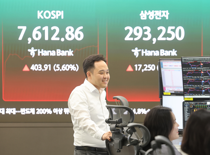 코스피가 급등 출발한 21일 서울 중구 하나은행 딜링룸 전광판에 삼성전자 주가가 표시돼 있다. (사진=연합뉴스)