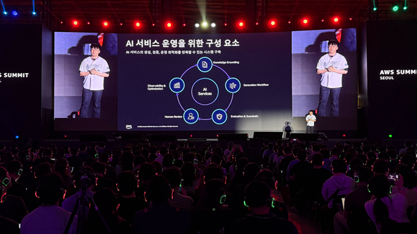 AWS 서밋 서울 2026에서 '생성형AI의 신뢰성 확보 전략 : 매경AX의 환각 통제 사례' 주제로 발표 중인 스마일샤크 최병주 솔루션즈 아키텍트. 사진=스마일샤크 제공