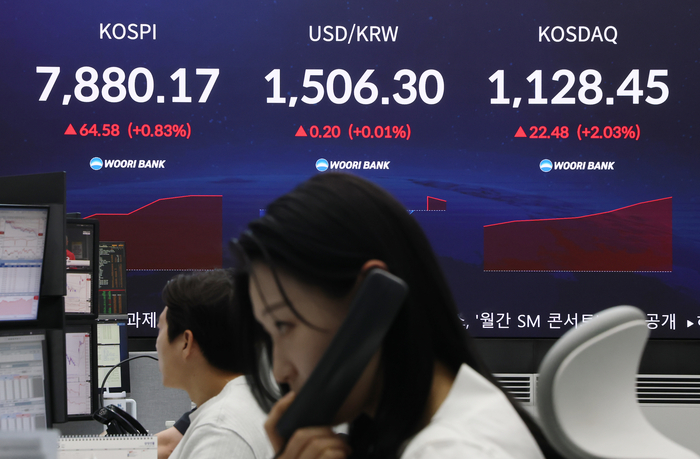 코스피가 7800선에서 등락하며 출발한 22일 서울 중구 우리은행 본점 딜링룸에서 직원들이 업무를 보고 있다. (사진=연합뉴스)