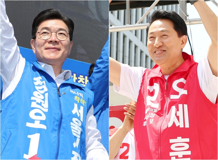 더불어민주당 정원오 서울시장 후보가 서울 서대문구 홍제동 일대에서(사진 왼쪽), 국민의힘 오세훈 서울시장 후보가 강서구 발산역 인근 광장에서(오른쪽) 유세하고 있다. 연합뉴스