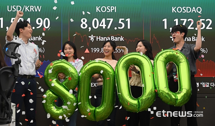 [포토] 코스피 8000선 돌파한 채 마감