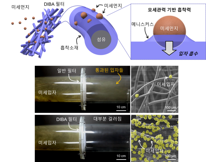 초접착성 필터 개요(위) 및 필터 성능 검증. (우상혁 교수)