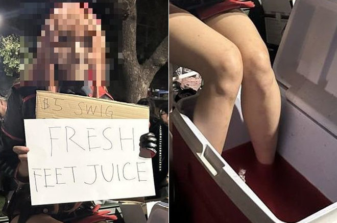 미국 애니메이션 행사에서 일부 참가자가 아이스박스 속 액체에 맨발을 담근 뒤 발 주스라는 이름으로 판매해 논란이 일고 있다. 사진=엑스(X 갈무리)