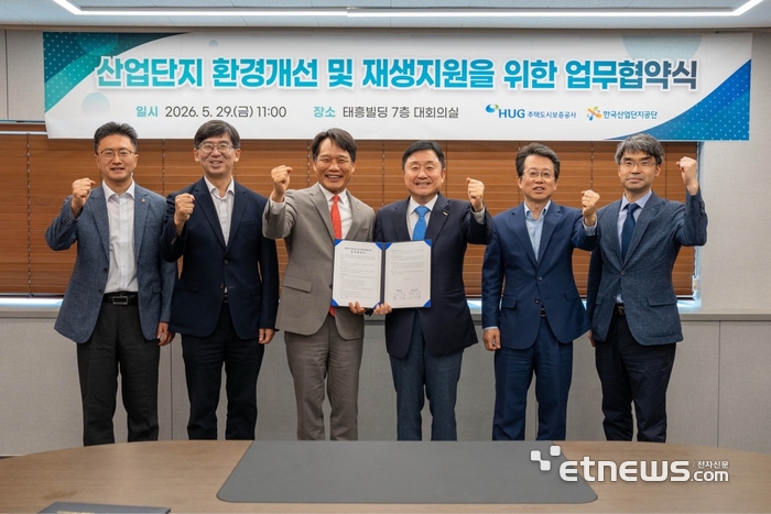 산단공과 주택보증공사는 지난 27일 정부 '5극 3특' 지역균형성장 정책을 산업 현장에서 구현하기 위해 MOU를 맺었다. 사진 왼쪽 세 번째부터 이상훈 산단공 이사장, 최인호 주택보증공사 사장. 산단공 제공