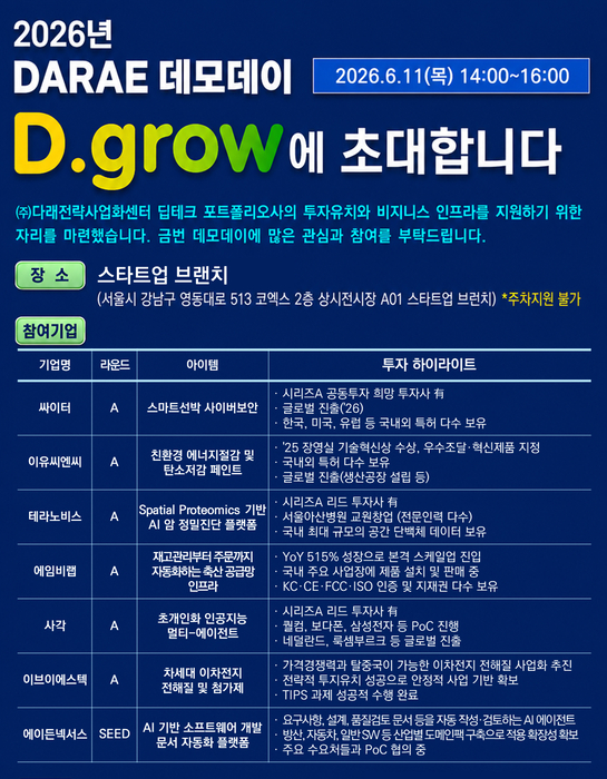 다래전략사업화센터, 피투자기업 성장 지원 위한 '2026 D.grow 데모데이'... - 뉴스 썸네일 이미지