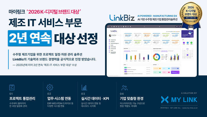 [2026 K-디지털 브랜드 대상]마이링크 'LinkBiz', 제조 IT 서비스 부문 2년 연속 수상