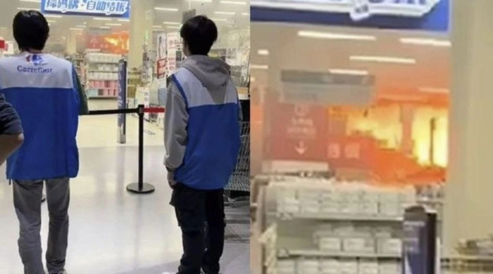 20대 청년의 불장난으로 화재가 발생한 대만 타오위안시 까르푸 매장. 사진=웨이보