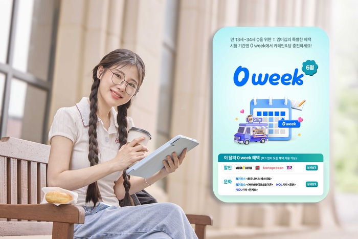 SK텔레콤 모델이 '0 week'와 'T 멤버십 커피드림카' 혜택을 소개하고 있는 모습.