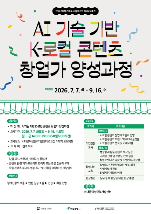'AI 기술 기반 K-로컬 콘텐츠 창업가 양성과정' 포스터. 사진=서대문여성새로일하기센터
