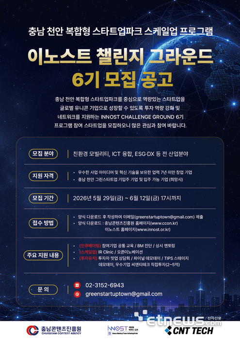 충남콘텐츠진흥원·씨엔티테크, 충남 천안 그린스타트 업타운 '이노스트 챌린지 그라운드 6기' 참가기업 모집