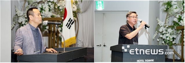김재영 군자디지털과학고 교사(왼쪽)과 정준호 인천병무지청 산업지원계장이 발표하고 있다.