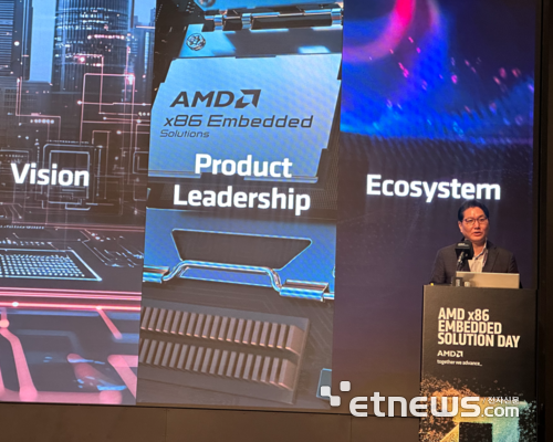 이희만 AMD AECG 한국 세일즈 대표가 10일 서울 양재동 엘타워에서 열린 'AMD x86 임베디드 솔루션 데이'에서 'x86 임베디드의 진화'를 주제로 발표 하고 있다. (사진=박유민 기자)
