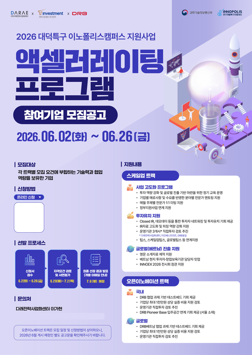 다래전략사업화센터·티인베스트먼트· DRB동일, '2026 대덕특구 이노폴리스캠퍼스 지원사업' 액셀러레이팅 프로그램 참여기업 모집