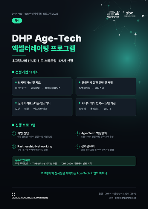디지털헬스케어파트너스(DHP)가 서울창업허브 성수와 운영하는 'DHP 에이지테크 엑셀러레이팅 프로그램'에 참여할 11개 스타트업을 선발했다.(사진=디지털헬스케어파트너스)