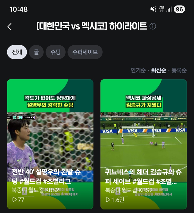 치지직 [대한민국 vs 멕시코] 하이라이트 카테고리 화면. - 치지직은 AI를 기반으로 경기 생중계 중 주요 장면을 실시간 숏폼(짧은 동영상) 클립으로 업로드한다. 영상 업로드 시간은 5~10분 내로, 놓친 장면을 빠르게 확인할 수 있다.
