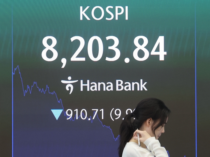 코스피가 10% 가까이 급락해 8,200선을 간신히 지키며 마감한 23일 서울 중구 하나은행 딜링룸에서 직원이 업무를 보고 있다. 이날 코스피는 전 거래일 대비 910.71포인트(9.99%) 내린 8,203.84로 거래를 마쳤다. 사진=연합뉴스