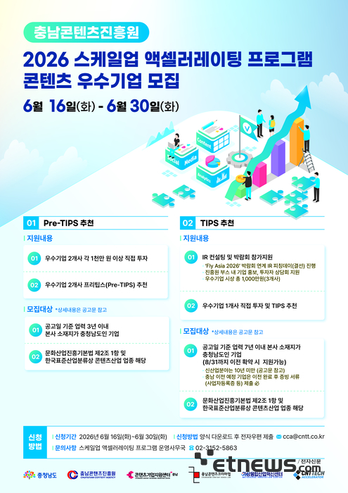 충남콘텐츠진흥원, '2026 스케일업 액셀러레이팅' 콘텐츠 우수기업 모집